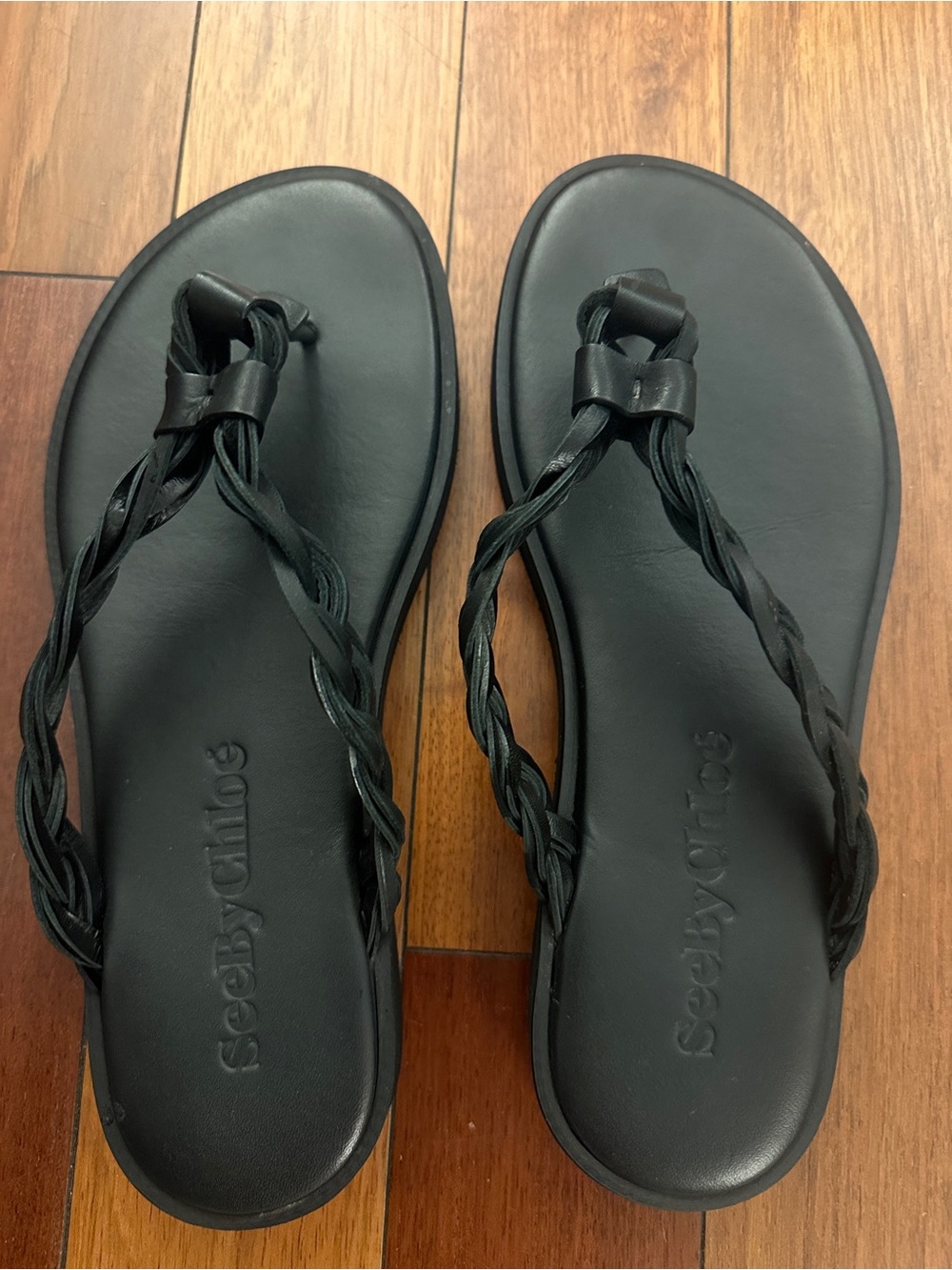 See By Chloe Black Braided Kime Leather Thong Sandals